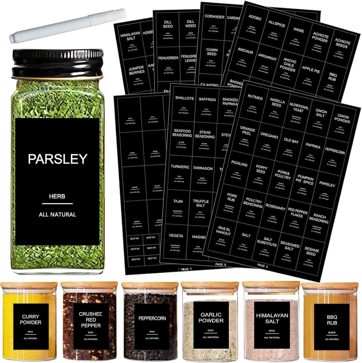 191 Spice Jar Labels Preprinted Minimalist Stickers - Matte Black Waterproof Label - Fit Round or Rectangle Spice Jars - Herb Seasoning Kitchen Pantry Labels
