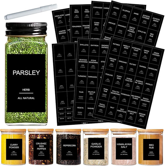 191 Spice Jar Labels Preprinted Minimalist Stickers - Matte Black Waterproof Label - Fit Round or Rectangle Spice Jars - Herb Seasoning Kitchen Pantry Labels