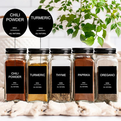 191 Spice Jar Labels Preprinted Minimalist Stickers - Matte Black Waterproof Label - Fit Round or Rectangle Spice Jars - Herb Seasoning Kitchen Pantry Labels