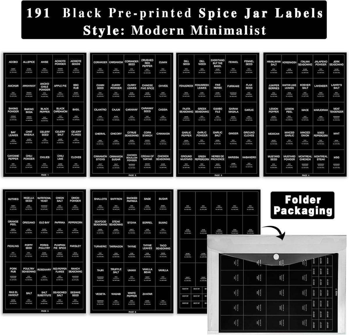 191 Spice Jar Labels Preprinted Minimalist Stickers - Matte Black Waterproof Label - Fit Round or Rectangle Spice Jars - Herb Seasoning Kitchen Pantry Labels