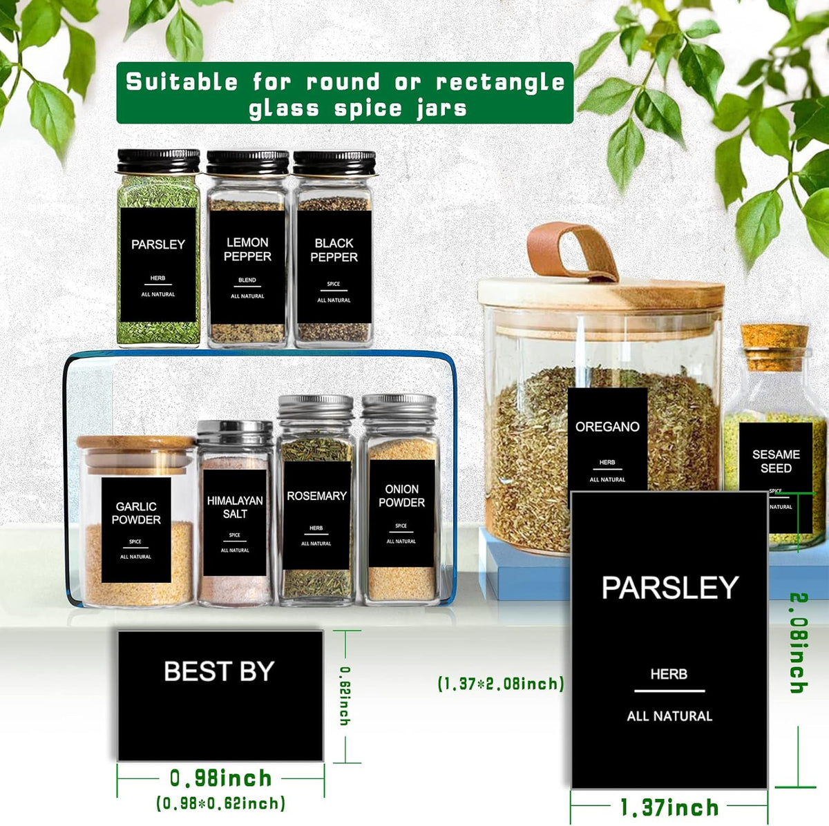 191 Spice Jar Labels Preprinted Minimalist Stickers - Matte Black Waterproof Label - Fit Round or Rectangle Spice Jars - Herb Seasoning Kitchen Pantry Labels