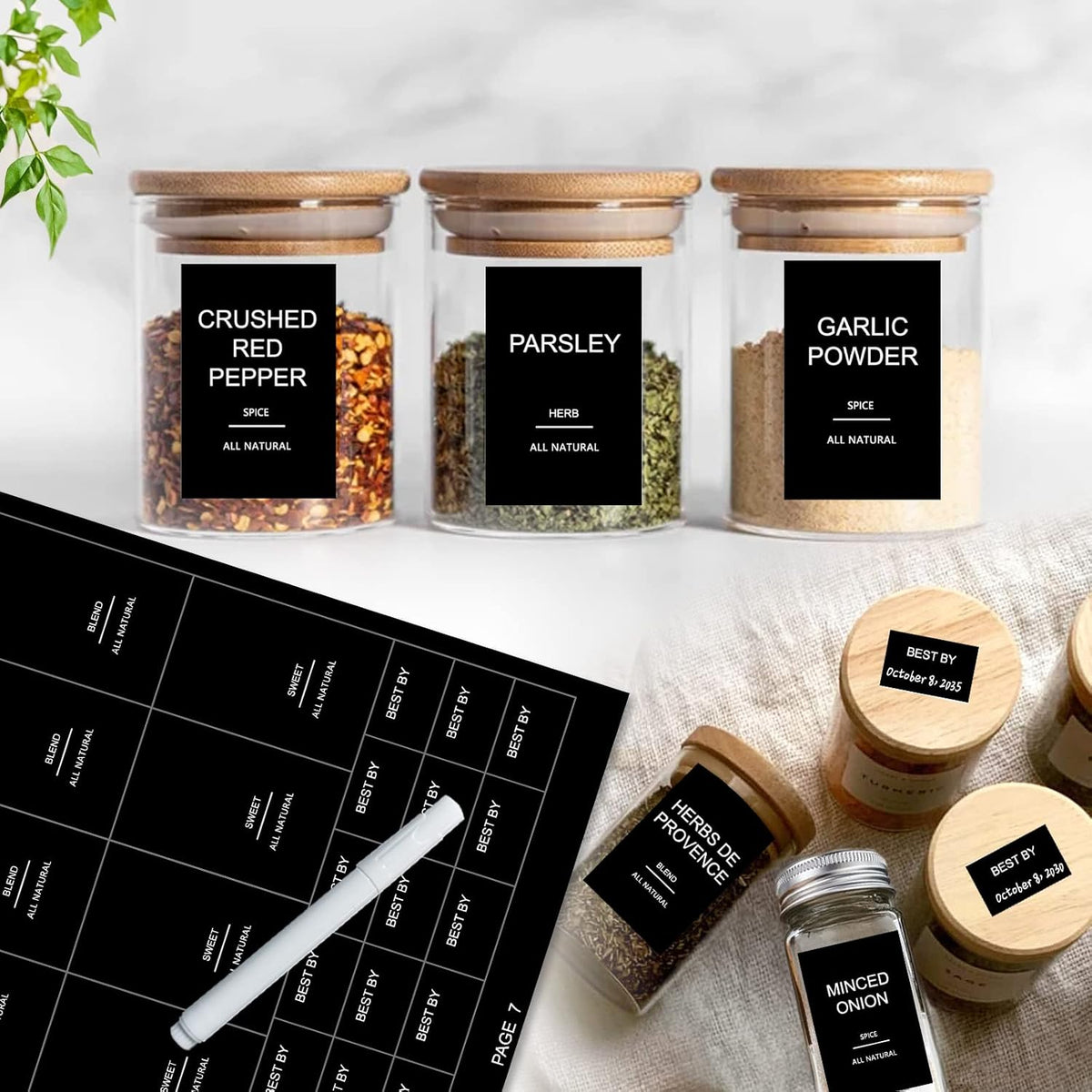191 Spice Jar Labels Preprinted Minimalist Stickers - Matte Black Waterproof Label - Fit Round or Rectangle Spice Jars - Herb Seasoning Kitchen Pantry Labels