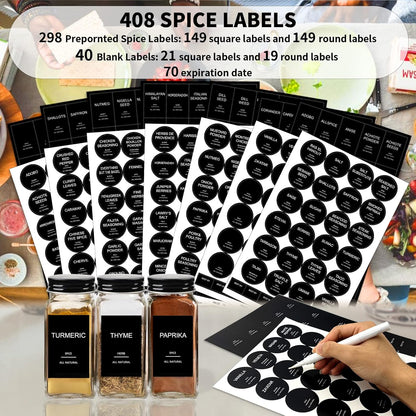191 Spice Jar Labels Preprinted Minimalist Stickers - Matte Black Waterproof Label - Fit Round or Rectangle Spice Jars - Herb Seasoning Kitchen Pantry Labels