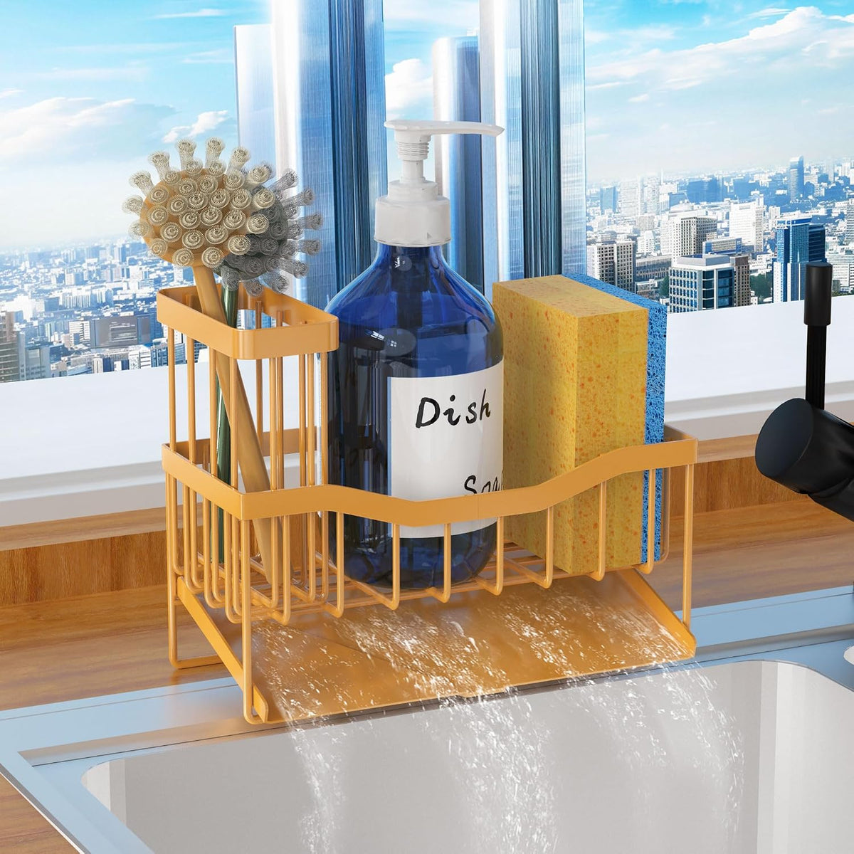 Maifan Sink Caddy Sponge Holder for Kitchen with Brush Holder and Stainless Steel Self Drain Tray, Rustproof Kitchen Sink Organizer for Sponge, Soap Dispenser Storage Accessories