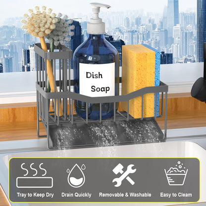 Maifan Sink Caddy Sponge Holder for Kitchen with Brush Holder and Stainless Steel Self Drain Tray, Rustproof Kitchen Sink Organizer for Sponge, Soap Dispenser Storage Accessories