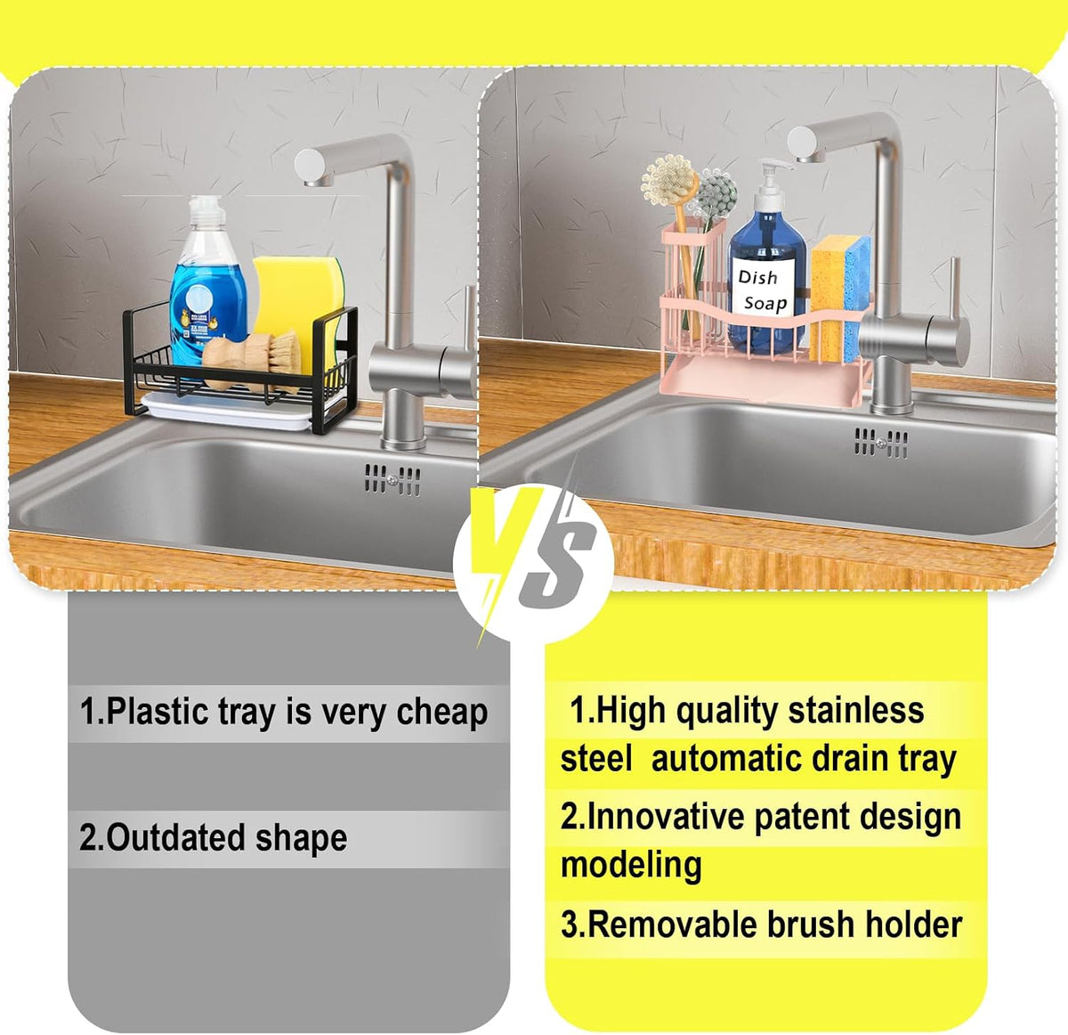 Maifan Sink Caddy Sponge Holder for Kitchen with Brush Holder and Stainless Steel Self Drain Tray, Rustproof Kitchen Sink Organizer for Sponge, Soap Dispenser Storage Accessories