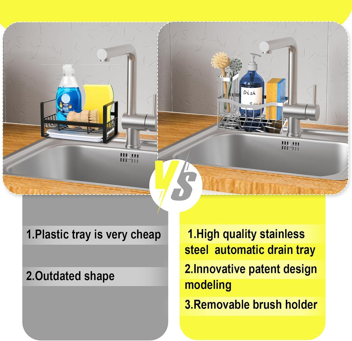 Maifan Sink Caddy Sponge Holder for Kitchen with Brush Holder and Stainless Steel Self Drain Tray, Rustproof Kitchen Sink Organizer for Sponge, Soap Dispenser Storage Accessories