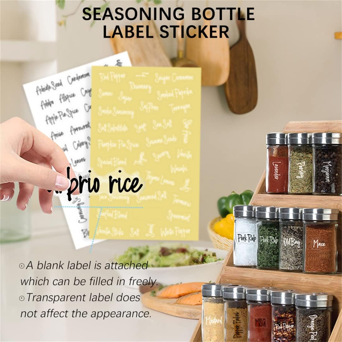 278 Pcs Clear Spice Jar Labels Preprinted Set,Waterproof Pantry Labels Stickers for Organization and Storage,Spice Pantry Names Preprinted, Word Art Personalised Black& White Labels Clear Stickers