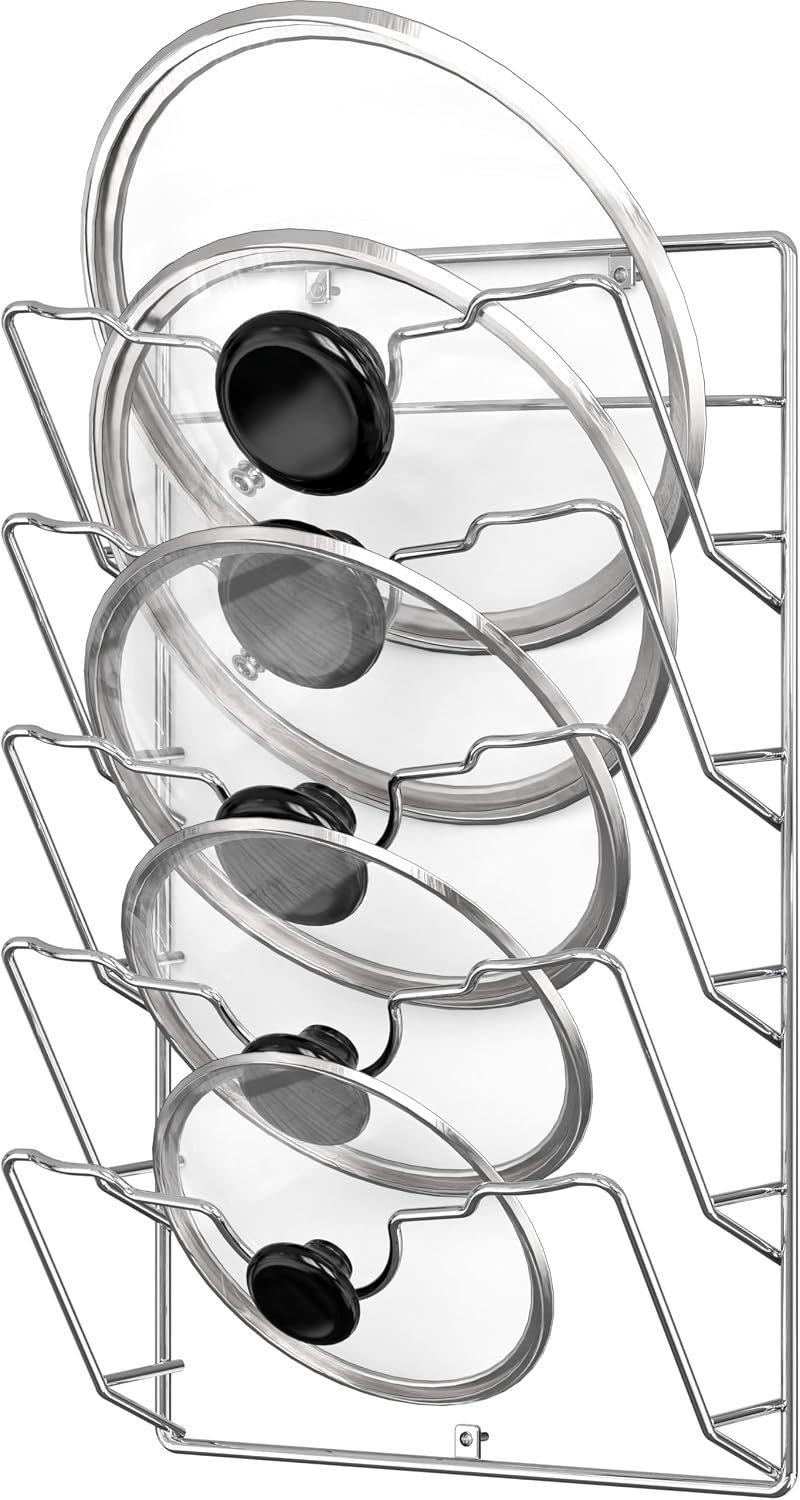 Wall Door Mounted Pot Lid Rack Organizer, Chrome Finish | 9.5" W x 4.5" D x 17.2" H Shelf