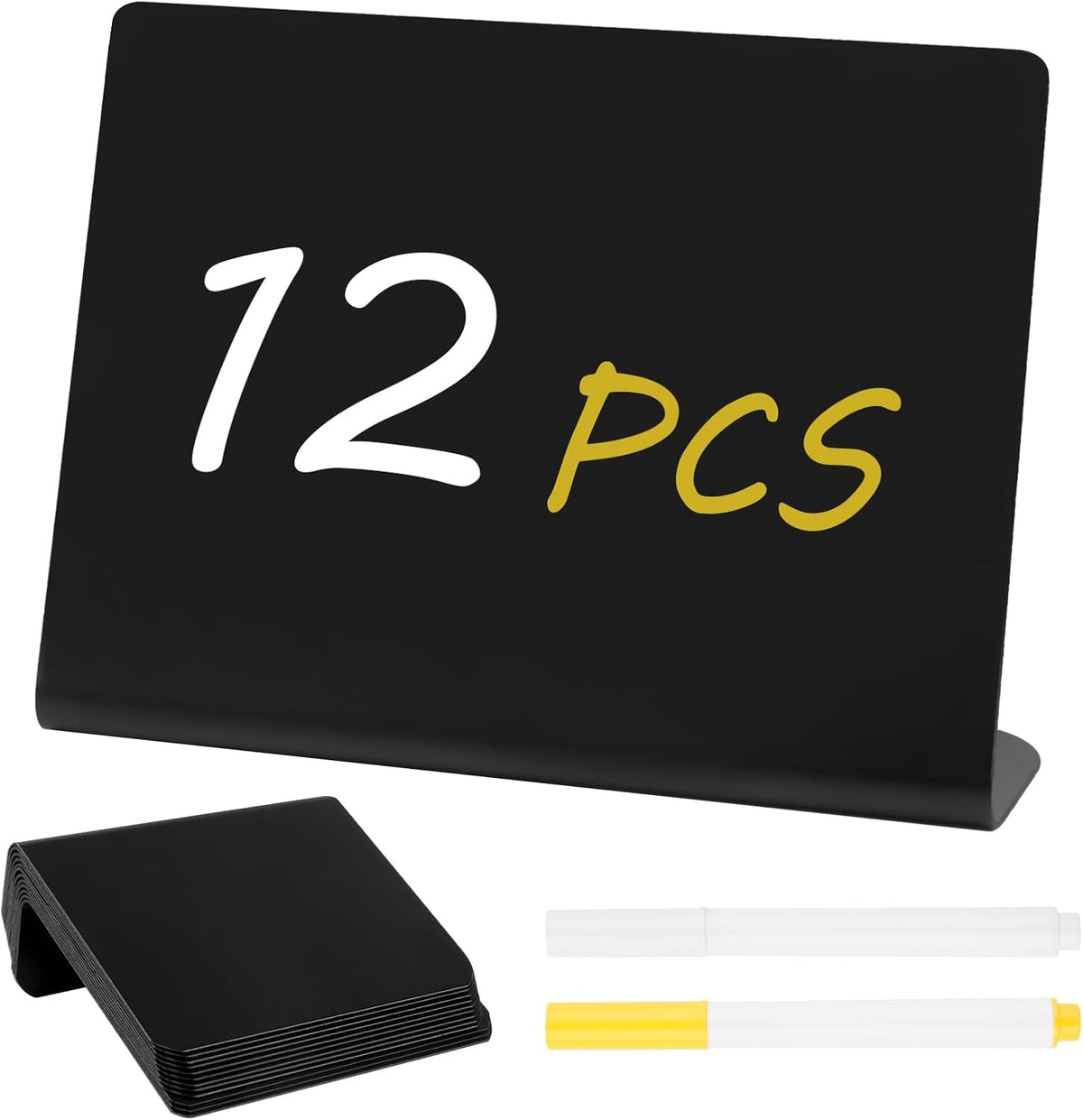 12 Pcs 4"x3" Food Labels for Party Buffet, Mini Chalkboard Signs | L Shape, 2 Markers, PVC Food Signs Name Cards, Small Chalk Board, Easy to Clean & Reusable, Outdoor, Birthday Weddings Bakery