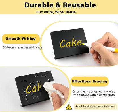 12 Pcs 4"x3" Food Labels for Party Buffet, Mini Chalkboard Signs | L Shape, 2 Markers, PVC Food Signs Name Cards, Small Chalk Board, Easy to Clean & Reusable, Outdoor, Birthday Weddings Bakery