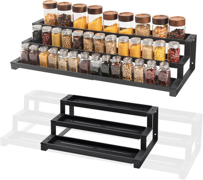 3-Tier Spice Rack Organizer for Kitchen Cabinet or Pantry, 16"-29" Expandable Spice Organization Shelf, Seasoning Organizer, Metal Display Shelf, Slip-Resistant Design for Jars and Bottles, Black