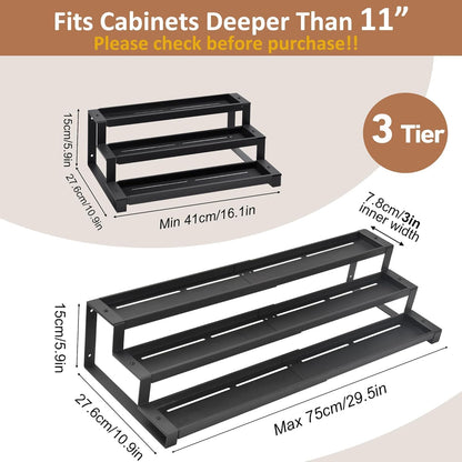 3-Tier Spice Rack Organizer for Kitchen Cabinet or Pantry, 16"-29" Expandable Spice Organization Shelf, Seasoning Organizer, Metal Display Shelf, Slip-Resistant Design for Jars and Bottles, Black