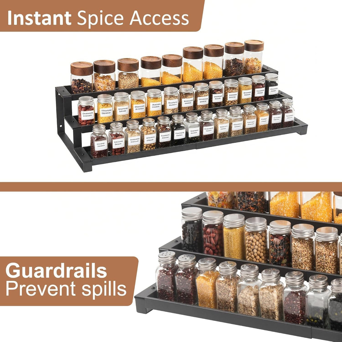 3-Tier Spice Rack Organizer for Kitchen Cabinet or Pantry, 16"-29" Expandable Spice Organization Shelf, Seasoning Organizer, Metal Display Shelf, Slip-Resistant Design for Jars and Bottles, Black