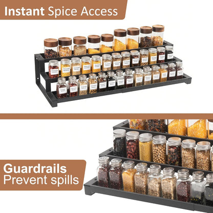 3-Tier Spice Rack Organizer for Kitchen Cabinet or Pantry, 16"-29" Expandable Spice Organization Shelf, Seasoning Organizer, Metal Display Shelf, Slip-Resistant Design for Jars and Bottles, Black