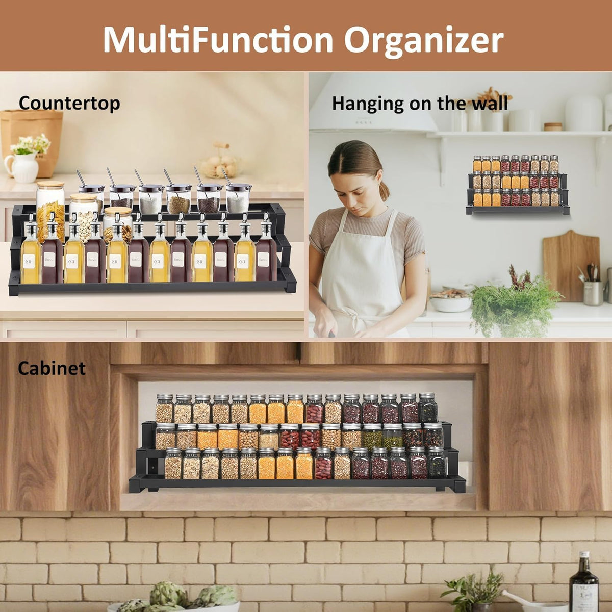 3-Tier Spice Rack Organizer for Kitchen Cabinet or Pantry, 16"-29" Expandable Spice Organization Shelf, Seasoning Organizer, Metal Display Shelf, Slip-Resistant Design for Jars and Bottles, Black