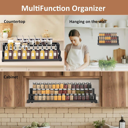 3-Tier Spice Rack Organizer for Kitchen Cabinet or Pantry, 16"-29" Expandable Spice Organization Shelf, Seasoning Organizer, Metal Display Shelf, Slip-Resistant Design for Jars and Bottles, Black