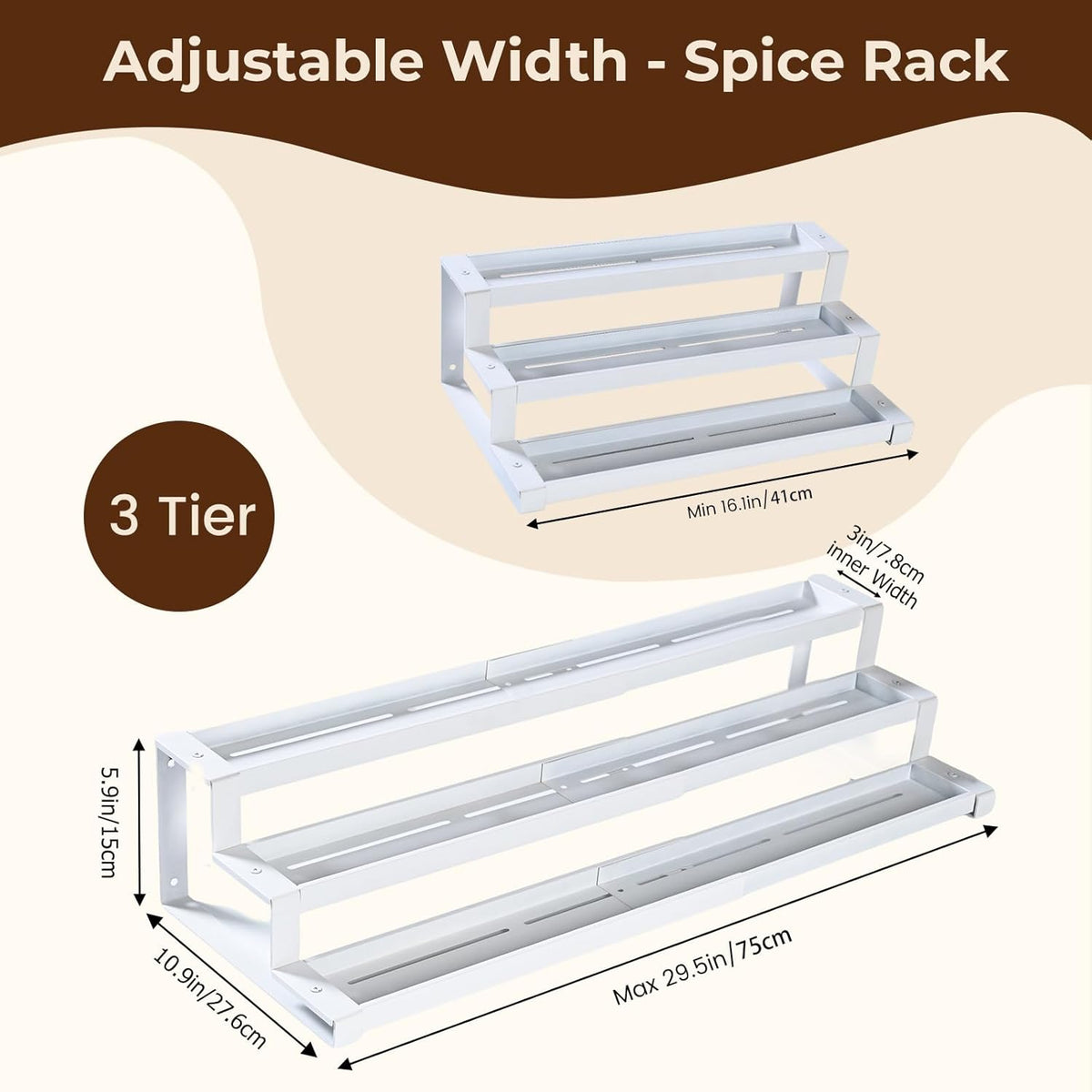 3-Tier Spice Rack Organizer for Kitchen Cabinet or Pantry, 16"-29" Expandable Spice Organization Shelf, Seasoning Organizer, Metal Display Shelf, Slip-Resistant Design for Jars and Bottles, Black
