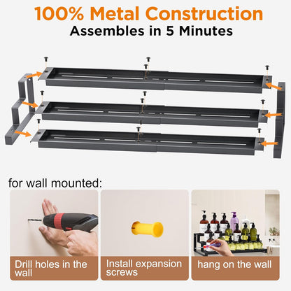 3-Tier Spice Rack Organizer for Kitchen Cabinet or Pantry, 16"-29" Expandable Spice Organization Shelf, Seasoning Organizer, Metal Display Shelf, Slip-Resistant Design for Jars and Bottles, Black