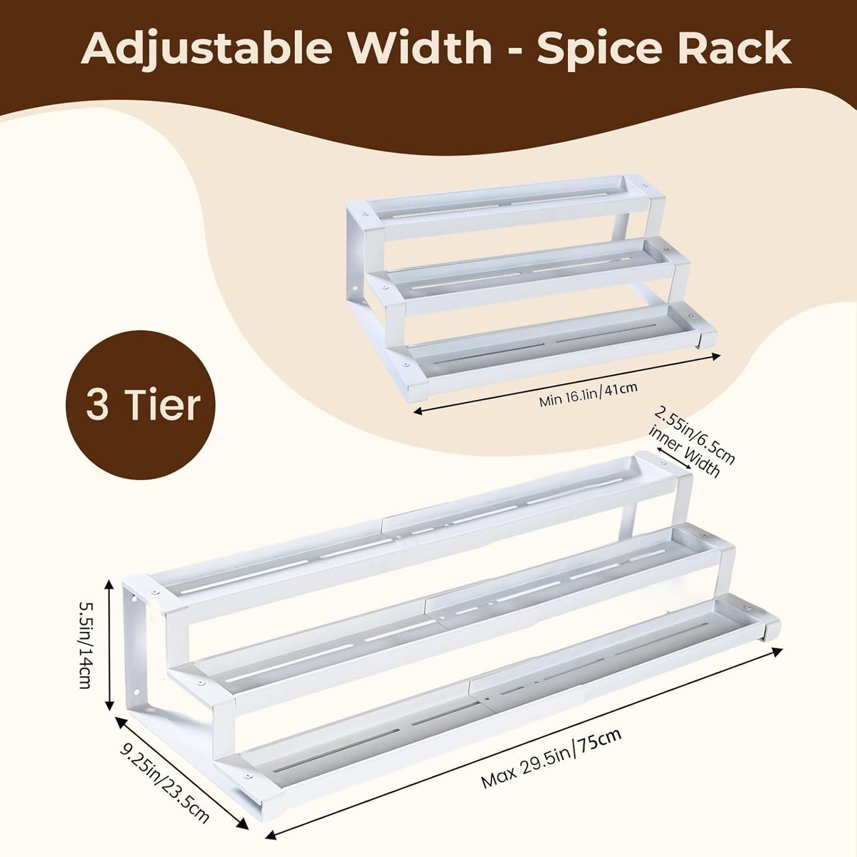 3-Tier Spice Rack Organizer for Kitchen Cabinet or Pantry, 16"-29" Expandable Spice Organization Shelf, Seasoning Organizer, Metal Display Shelf, Slip-Resistant Design for Jars and Bottles, Black