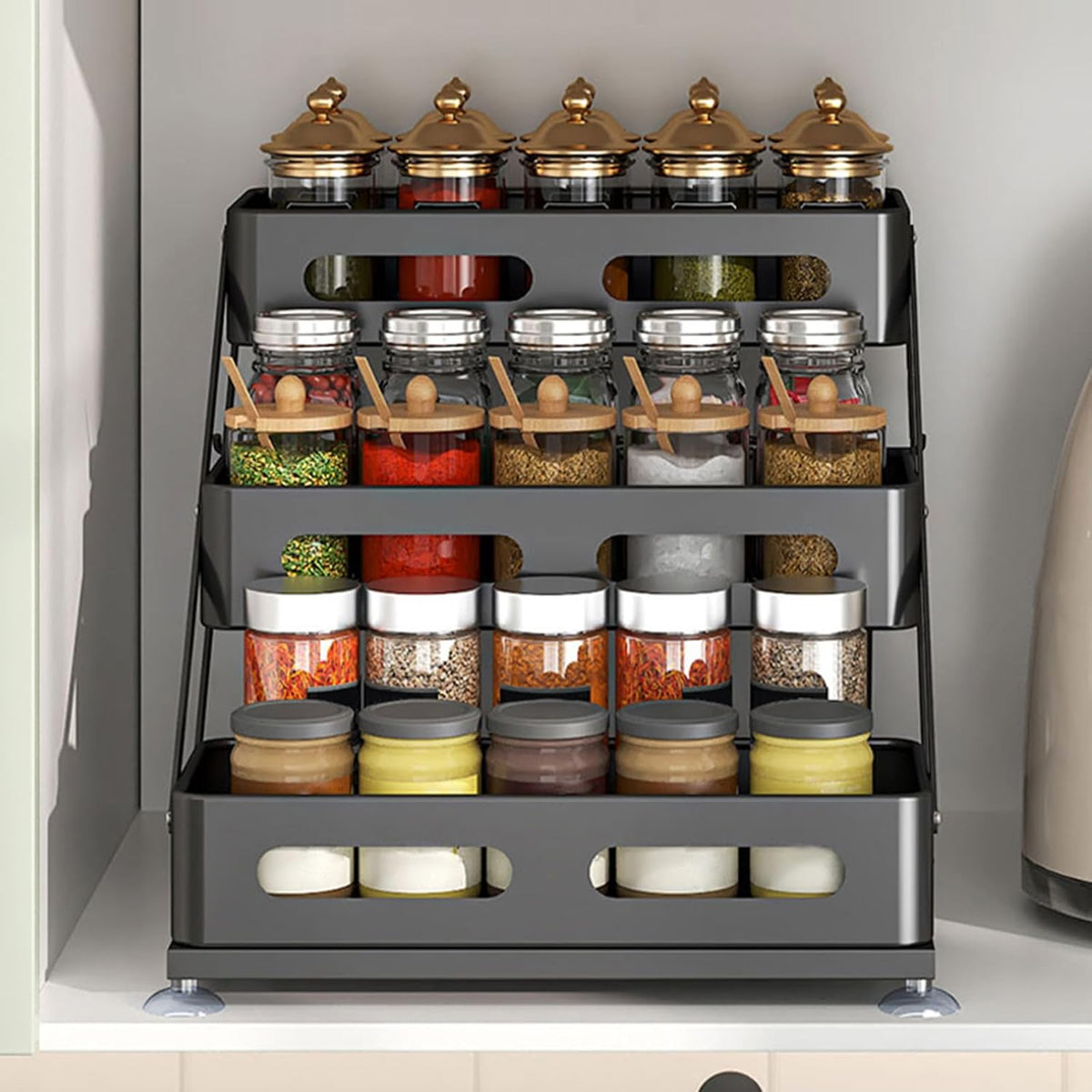 3 Tier Foldable Spice Rack, Black | Iron, For Countertop, Kitchen Seasoning Organizer, For Cabinet