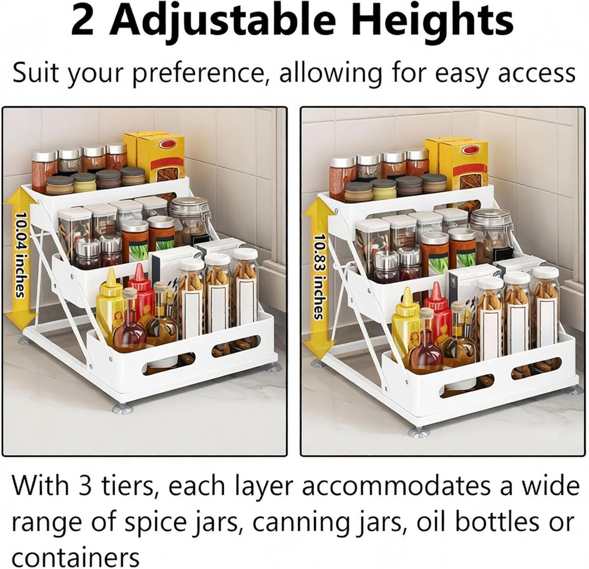 3 Tier Foldable Spice Rack, Black | Iron, For Countertop, Kitchen Seasoning Organizer, For Cabinet
