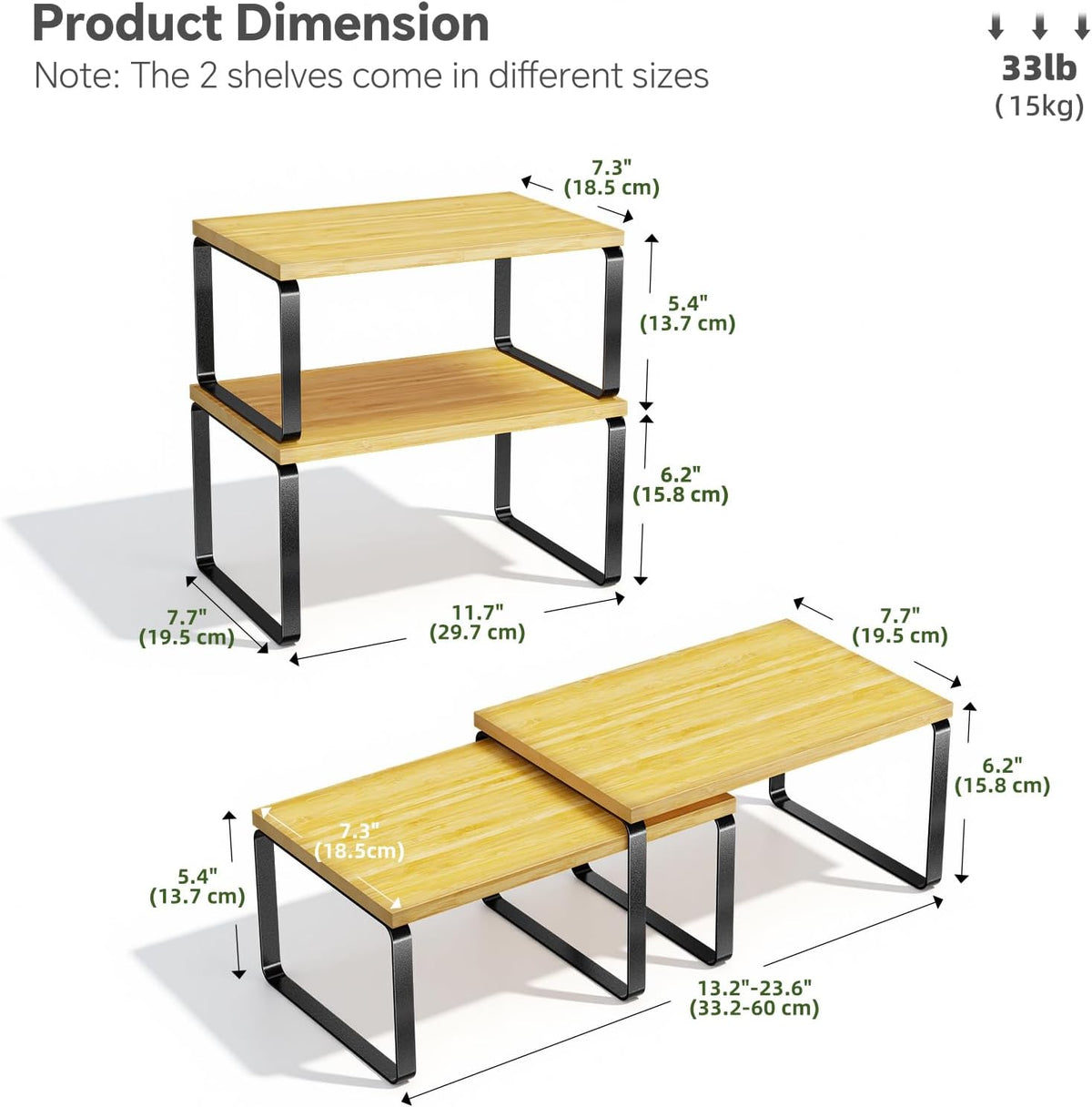 Bamboo Cabinet Organizer Shelf, Set of 2 Kitchen Counter Shelves, Stackable Expandable Spice Rack Kitchen Storage, Black and Natural Beige