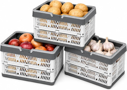 Set of 3 Foldable Potato Onion Garlic Storage Baskets, Ventilated Vegetable Storage Bins for Pantry, Countertop or Cabinet, Plastic Produce Organizer Crates for Kitchen Shelf