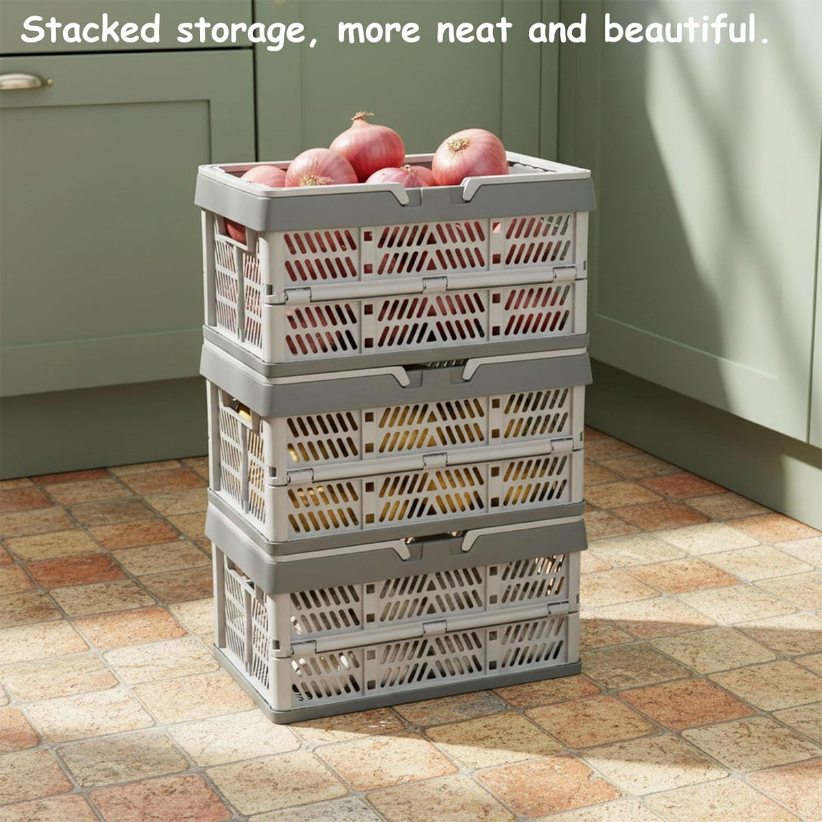 Set of 3 Foldable Potato Onion Garlic Storage Baskets, Ventilated Vegetable Storage Bins for Pantry, Countertop or Cabinet, Plastic Produce Organizer Crates for Kitchen Shelf