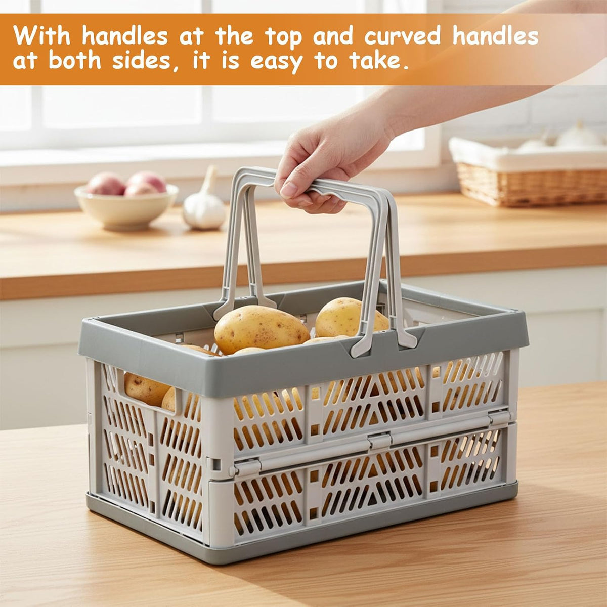 Set of 3 Foldable Potato Onion Garlic Storage Baskets, Ventilated Vegetable Storage Bins for Pantry, Countertop or Cabinet, Plastic Produce Organizer Crates for Kitchen Shelf