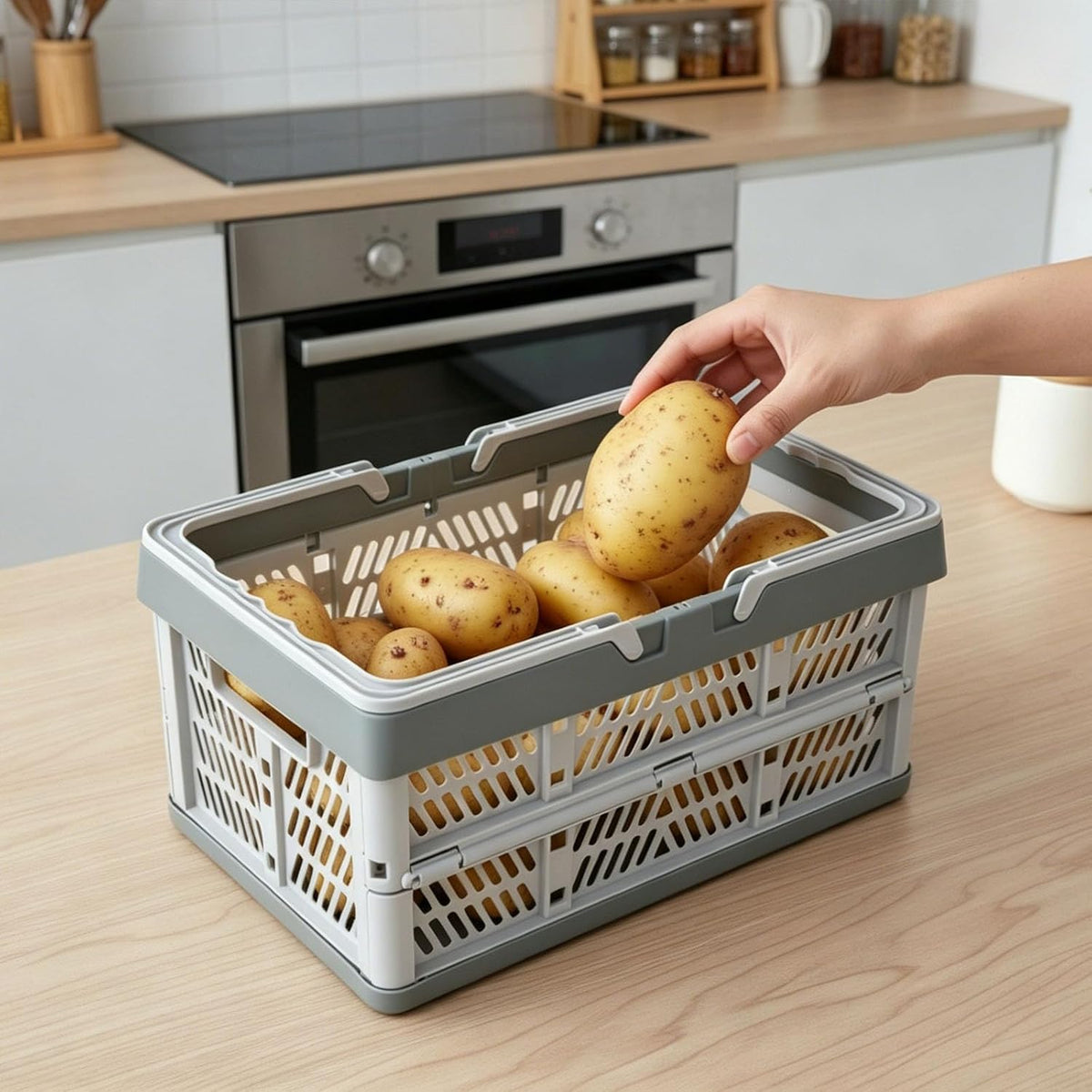 Set of 3 Foldable Potato Onion Garlic Storage Baskets, Ventilated Vegetable Storage Bins for Pantry, Countertop or Cabinet, Plastic Produce Organizer Crates for Kitchen Shelf