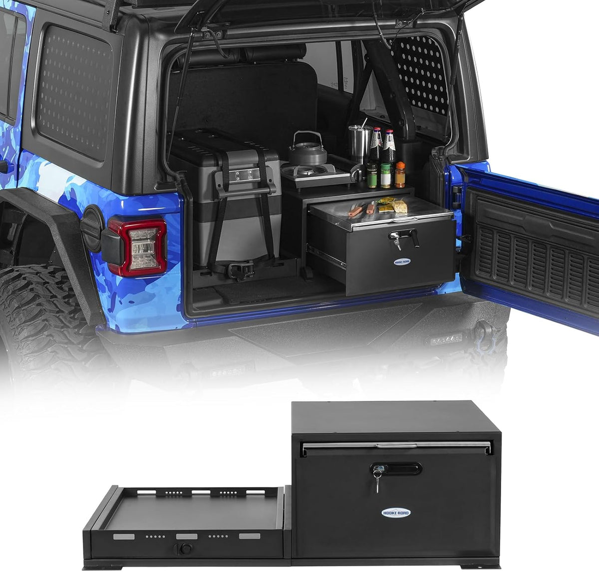 JK JL Bronco Trunk Storage Drawer & Fridge Slide Mount for 2007-2026 Jeep Wrangler JK JL 4-Door & 2021-2026 Ford Bronco 4-Door, Security Lock Toolbox Overland Camping Cargo Organizer