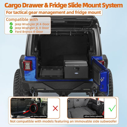 JK JL Bronco Trunk Storage Drawer & Fridge Slide Mount for 2007-2026 Jeep Wrangler JK JL 4-Door & 2021-2026 Ford Bronco 4-Door, Security Lock Toolbox Overland Camping Cargo Organizer