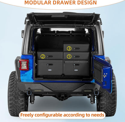 JK JL Bronco Trunk Storage Drawer & Fridge Slide Mount for 2007-2026 Jeep Wrangler JK JL 4-Door & 2021-2026 Ford Bronco 4-Door, Security Lock Toolbox Overland Camping Cargo Organizer