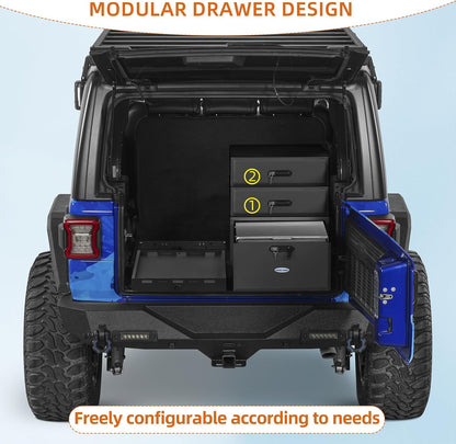 JK JL Bronco Trunk Storage Drawer & Fridge Slide Mount for 2007-2026 Jeep Wrangler JK JL 4-Door & 2021-2026 Ford Bronco 4-Door, Security Lock Toolbox Overland Camping Cargo Organizer