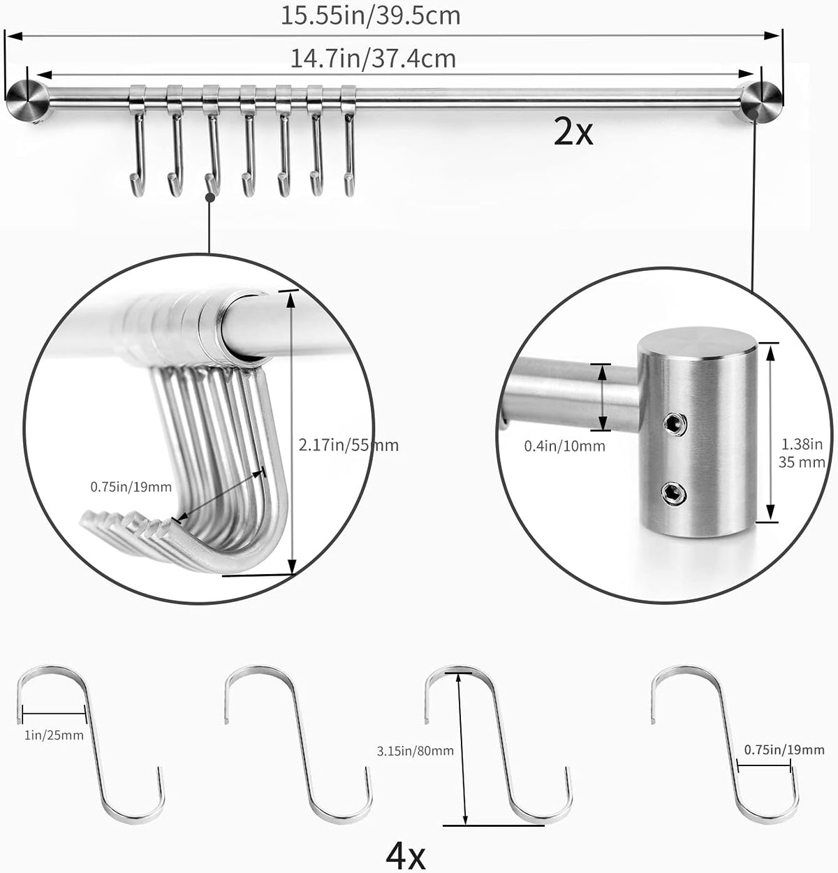 Kitchen Utensil Rack 2PCS, 15.6” Pot & Pan Hanging Rack Wall Mount