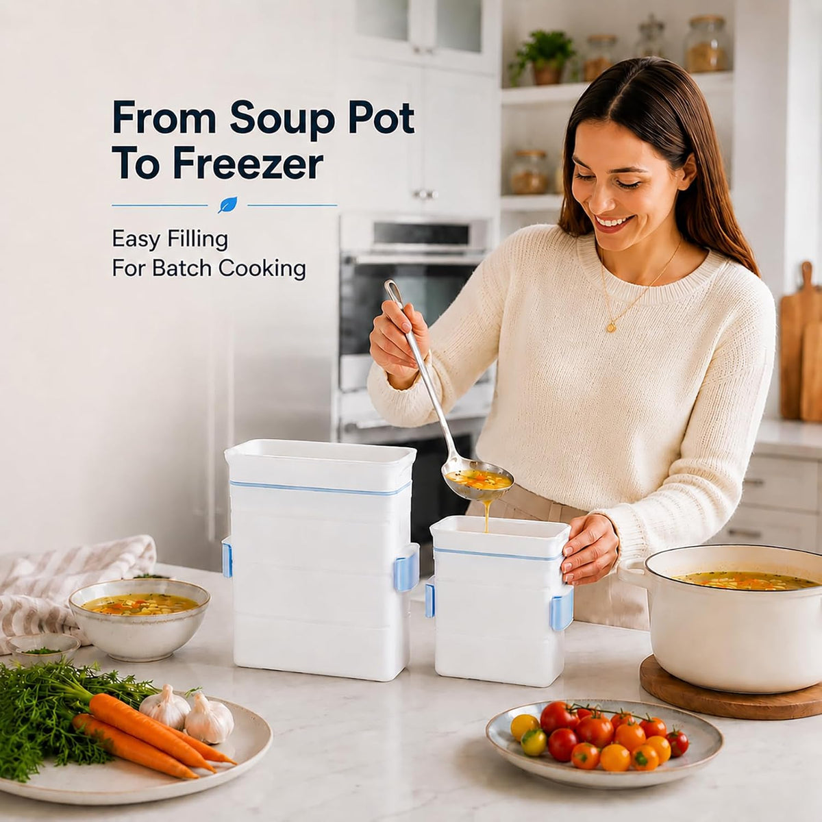 Freezer Food Block Maker, 6-Cup Freezer Bag Holder for Gallon Bags, Durable Hard Plastic, Freeze Soups, Bone Broth, Sauces, Chili & Leftovers into Flat Stackable Blocks, Meal Prep Freezer Storage
