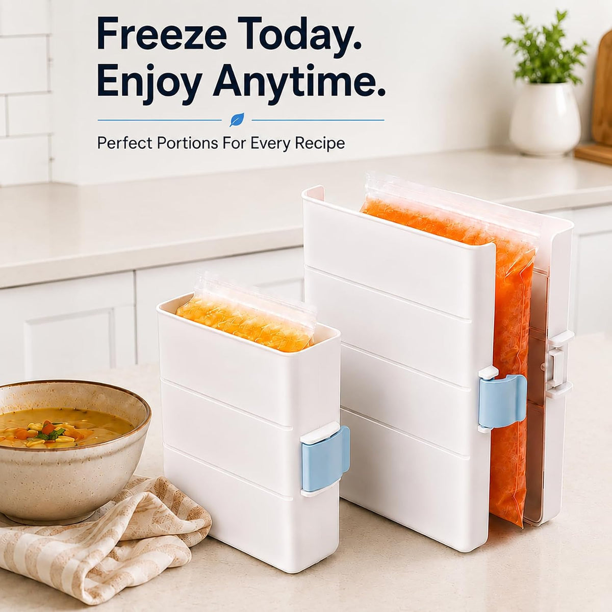 Freezer Food Block Maker, 6-Cup Freezer Bag Holder for Gallon Bags, Durable Hard Plastic, Freeze Soups, Bone Broth, Sauces, Chili & Leftovers into Flat Stackable Blocks, Meal Prep Freezer Storage