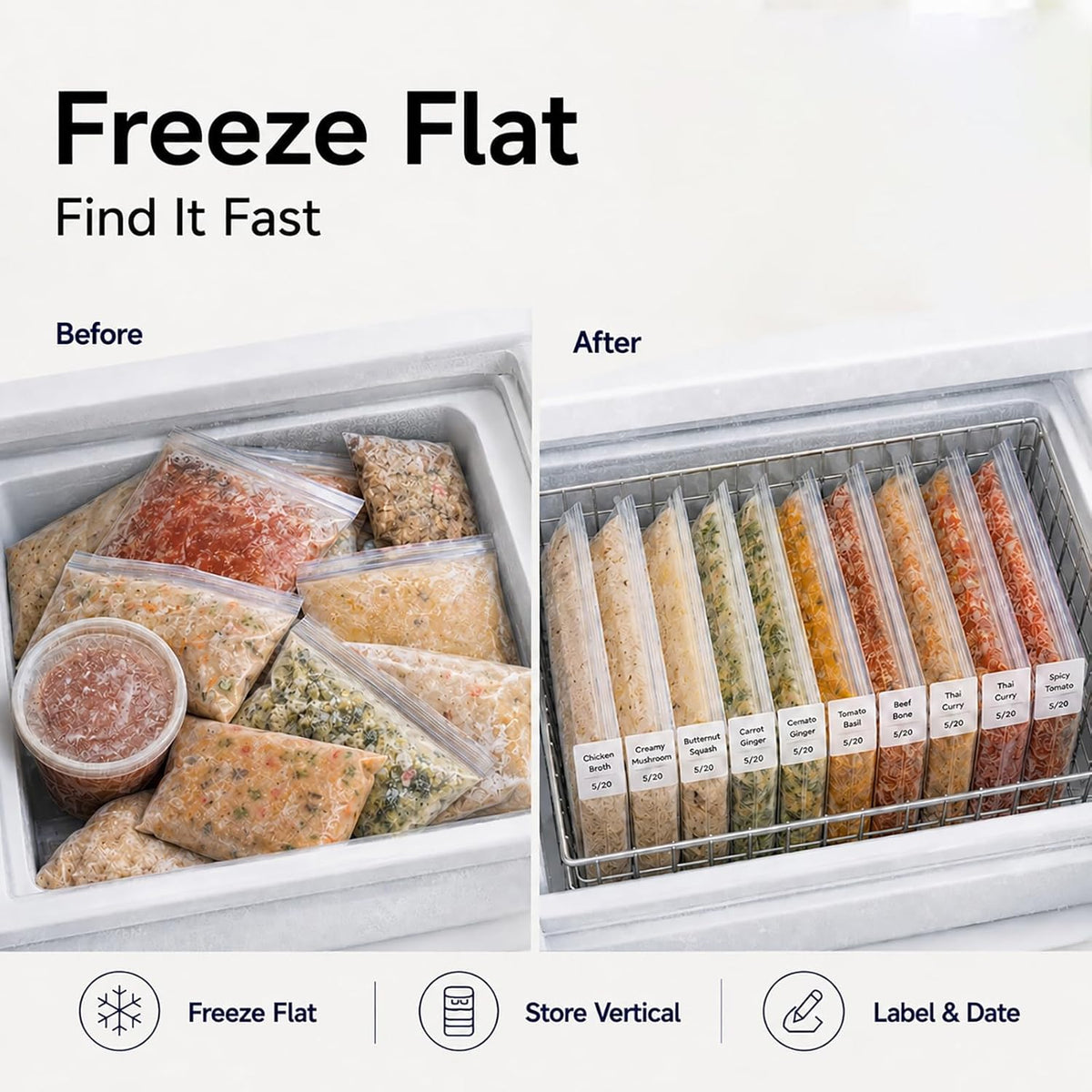 Freezer Food Block Maker, 6-Cup Freezer Bag Holder for Gallon Bags, Durable Hard Plastic, Freeze Soups, Bone Broth, Sauces, Chili & Leftovers into Flat Stackable Blocks, Meal Prep Freezer Storage