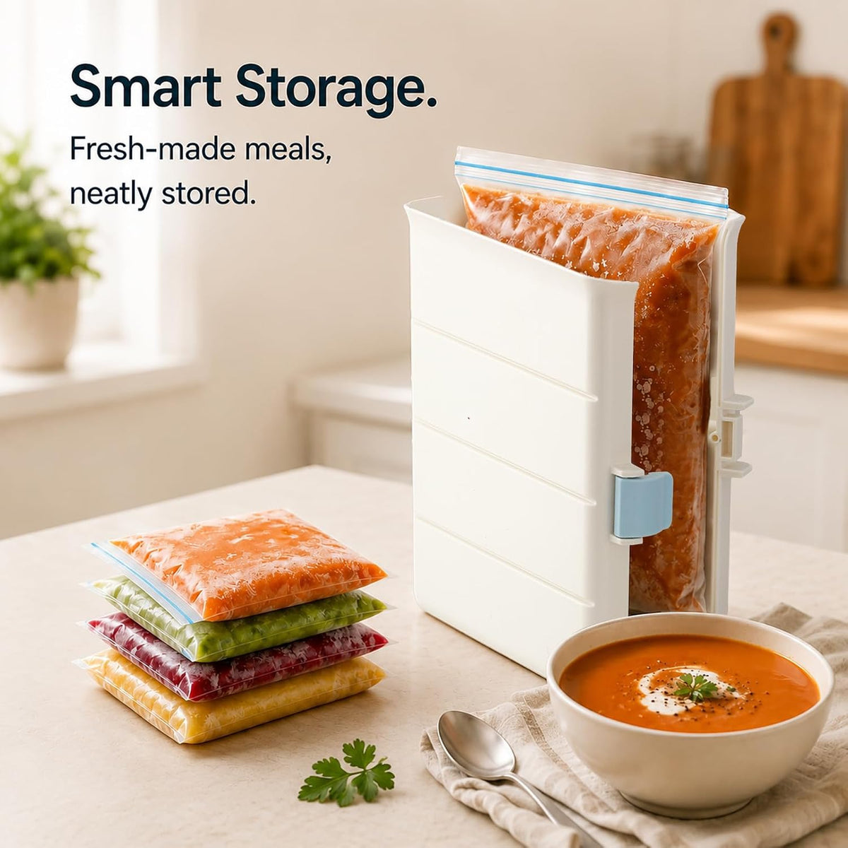 Freezer Food Block Maker, 6-Cup Freezer Bag Holder for Gallon Bags, Durable Hard Plastic, Freeze Soups, Bone Broth, Sauces, Chili & Leftovers into Flat Stackable Blocks, Meal Prep Freezer Storage