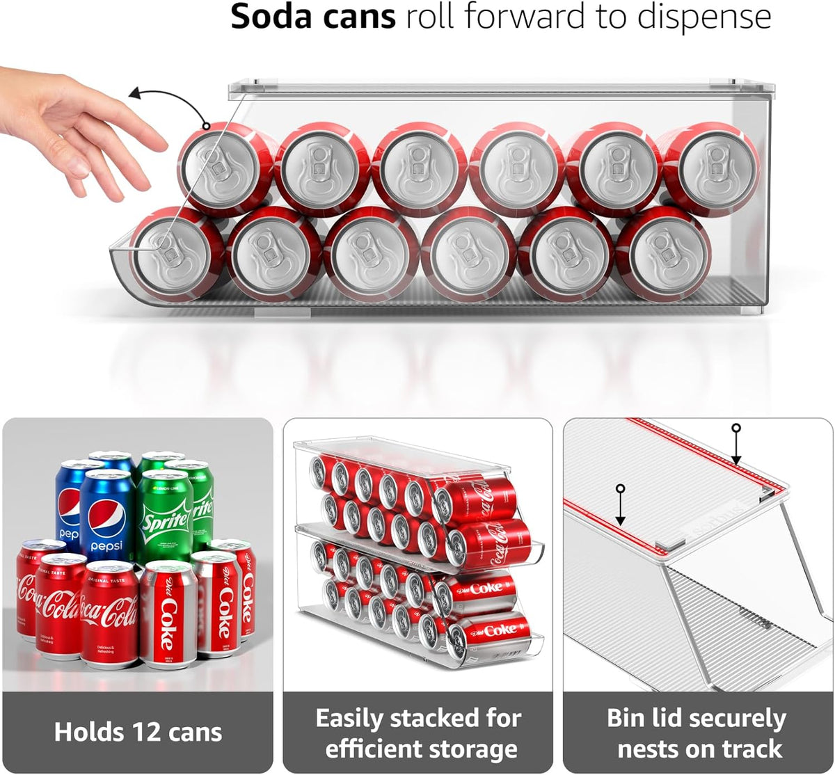 Soda Can Organizer for Fridge & Freezer, Stackable with Lid