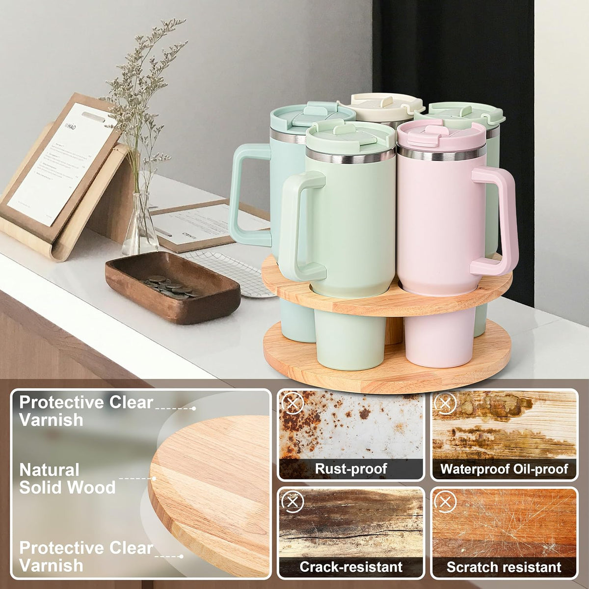 Water Bottle Organizer for Stanley Cups 40oz/30oz/20oz, 360° Rotating Wooden Tumbler Organizer, Stanley Cup Holder for Cabinet Storage (Yellow)