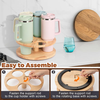 Water Bottle Organizer for Stanley Cups 40oz/30oz/20oz, 360° Rotating Wooden Tumbler Organizer, Stanley Cup Holder for Cabinet Storage (Yellow)