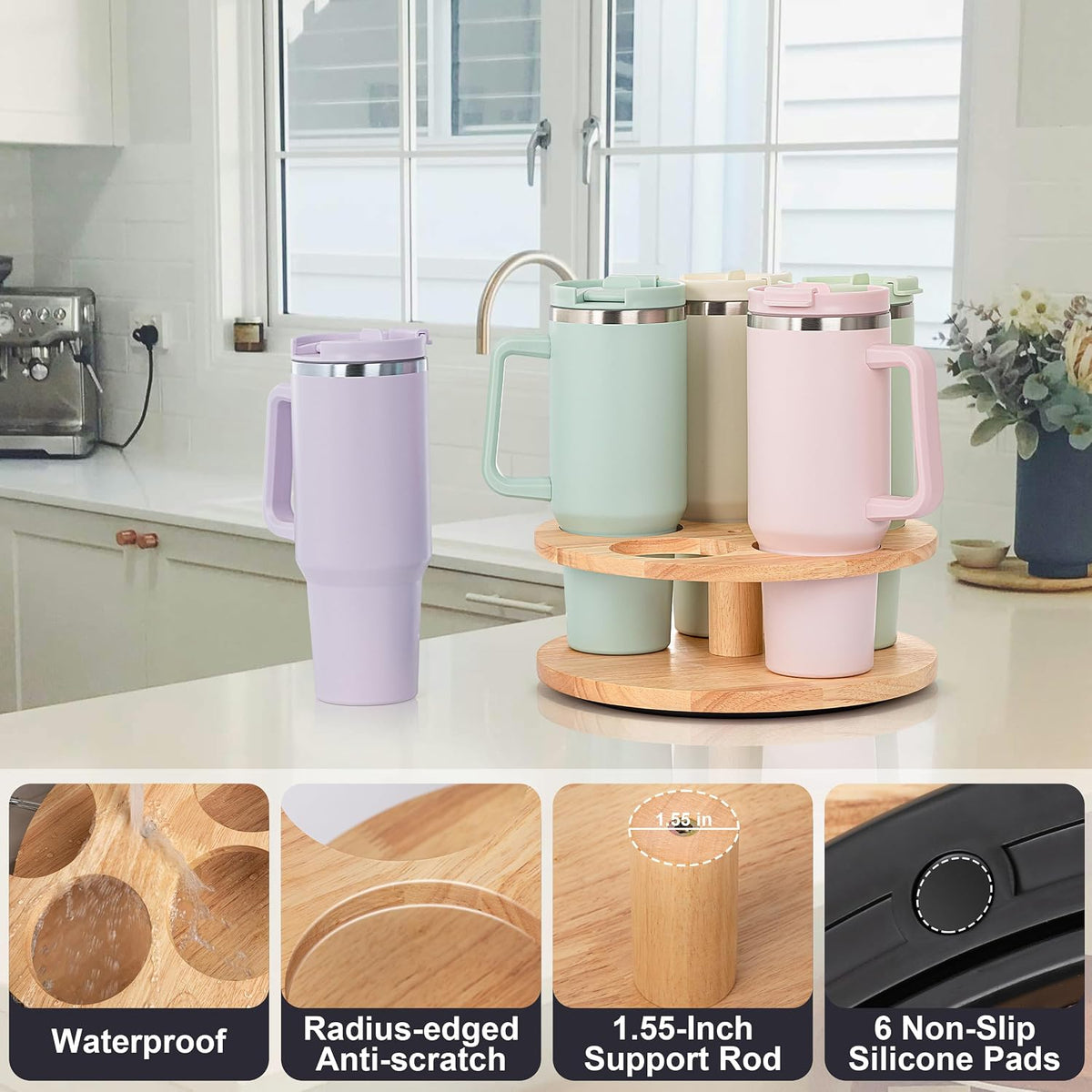 Water Bottle Organizer for Stanley Cups 40oz/30oz/20oz, 360° Rotating Wooden Tumbler Organizer, Stanley Cup Holder for Cabinet Storage (Yellow)