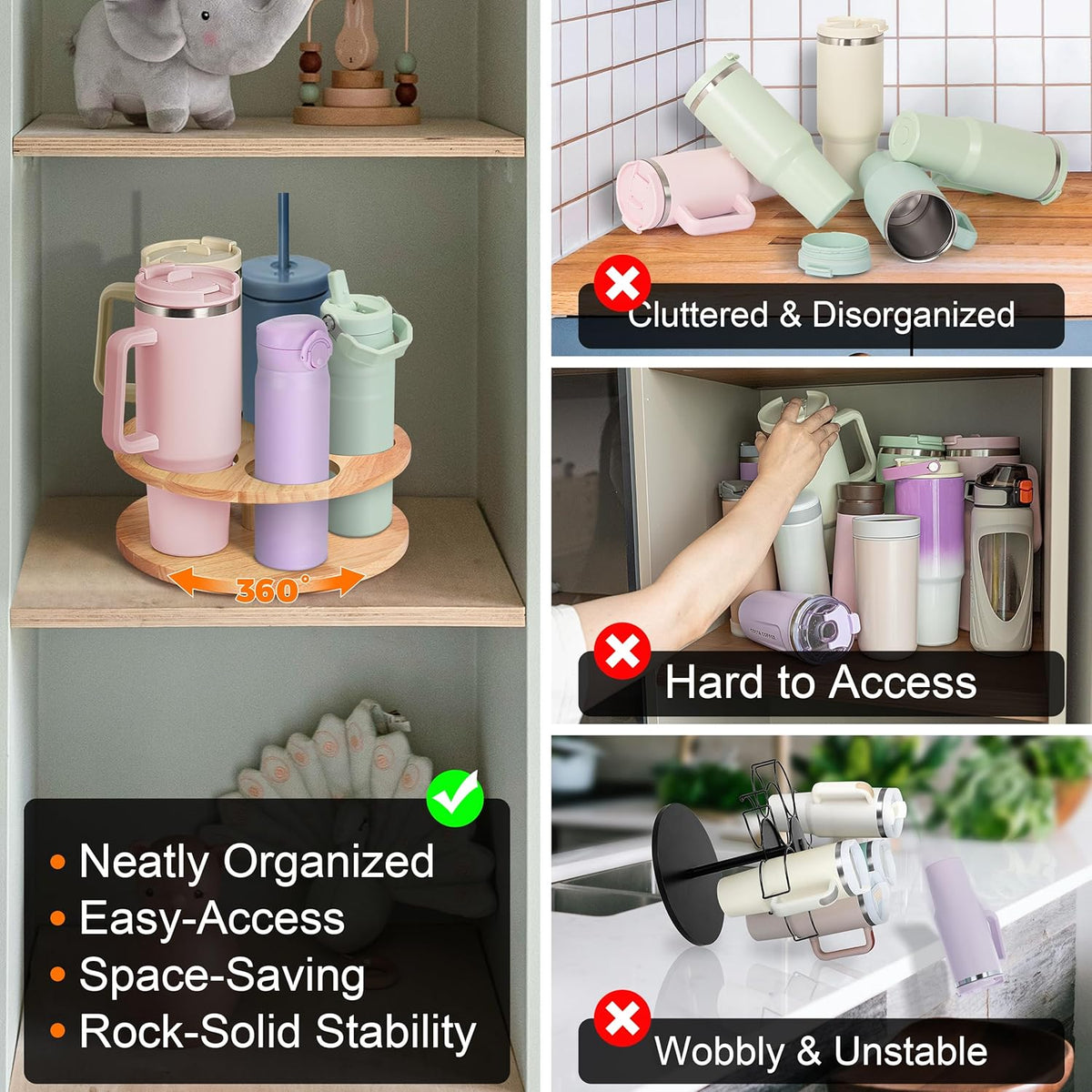 Water Bottle Organizer for Stanley Cups 40oz/30oz/20oz, 360° Rotating Wooden Tumbler Organizer, Stanley Cup Holder for Cabinet Storage (Yellow)