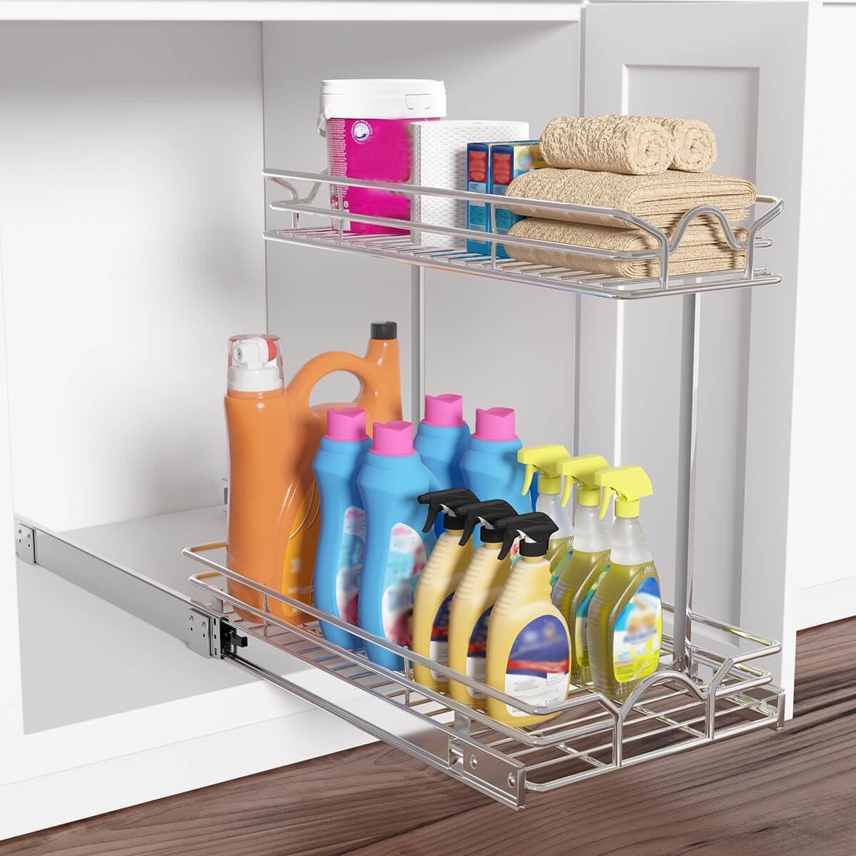Under Sink Cabinet Organizer Two Tier Pull Out Shelf (11.75W x21D), Under Sink Sliding Shelf for Kitchen Bathroom Cabinet 2 Tier Chrome