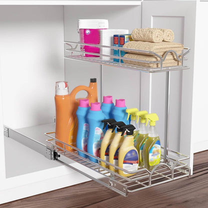 Under Sink Cabinet Organizer Two Tier Pull Out Shelf (11.75W x21D), Under Sink Sliding Shelf for Kitchen Bathroom Cabinet 2 Tier Chrome