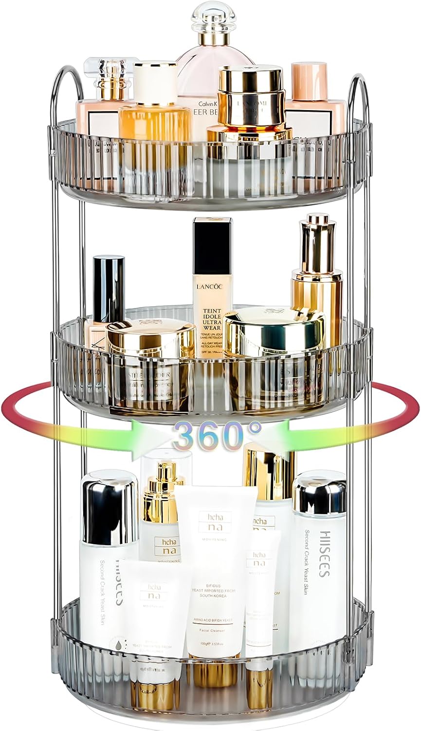 360 Rotating Makeup Organizer, 2 Tier Lazy Susan Bathroom Counter Organizer, Skincare Organizers, Spinning Perfume Organizer & Vanity Organizer Countertop (Classic Grey, 2 Tier)
