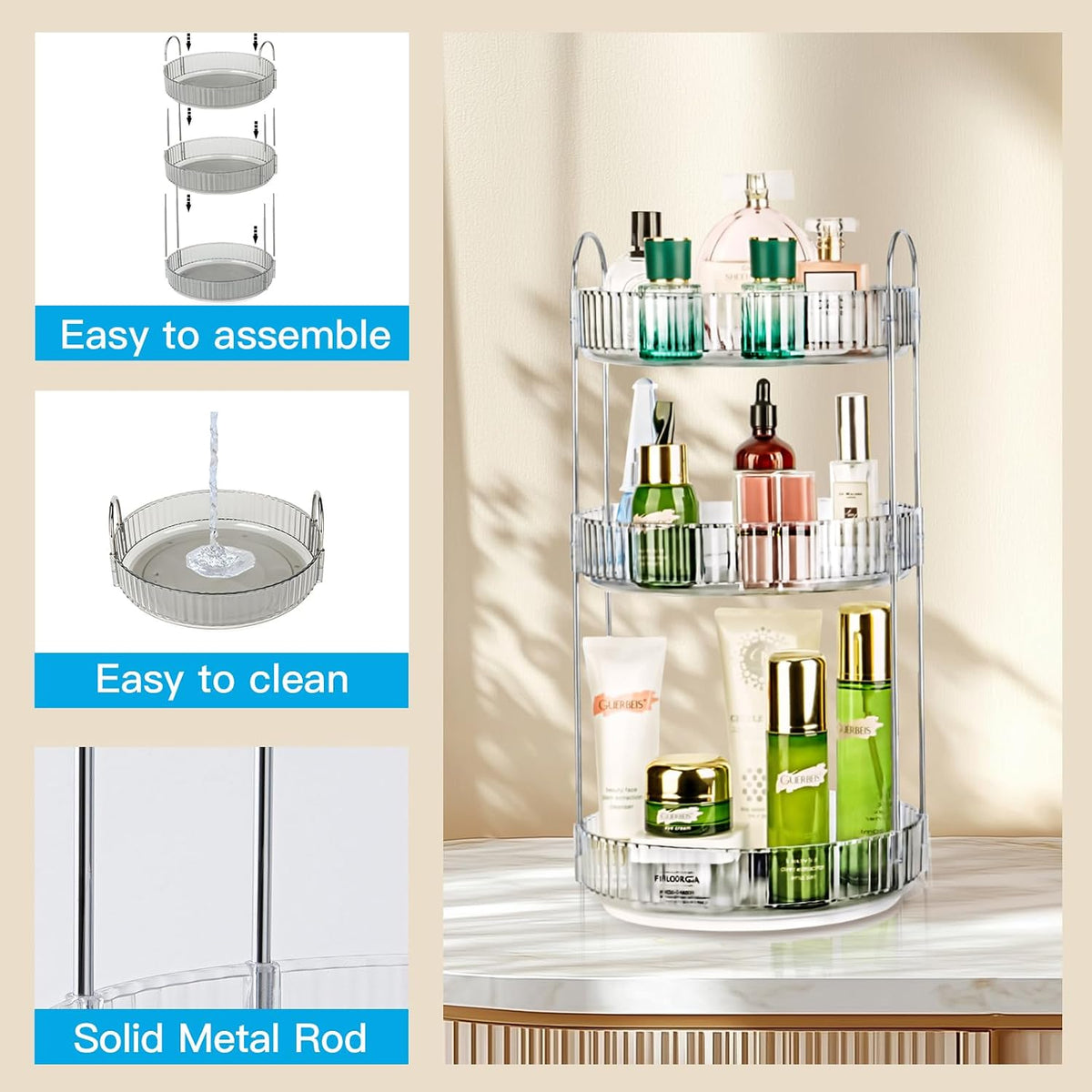 360 Rotating Makeup Organizer, 2 Tier Lazy Susan Bathroom Counter Organizer, Skincare Organizers, Spinning Perfume Organizer & Vanity Organizer Countertop (Classic Grey, 2 Tier)