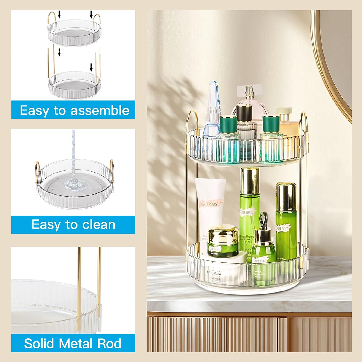 360 Rotating Makeup Organizer, 2 Tier Lazy Susan Bathroom Counter Organizer, Skincare Organizers, Spinning Perfume Organizer & Vanity Organizer Countertop (Classic Grey, 2 Tier)